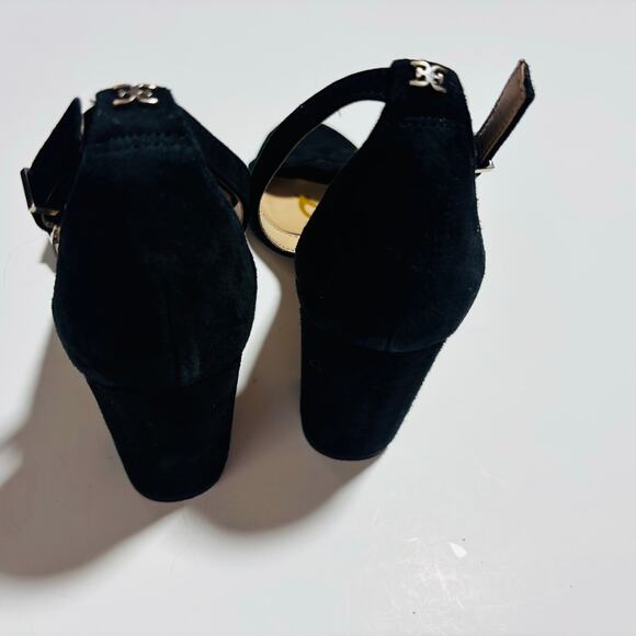 Sam Edelman Suede Scalloped Block Heel Sandals – Black Ankle Strap Heels - Picture 7 of 9
